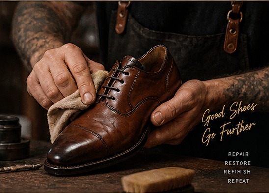Cobbler restoring a brown leather dress shoe in Hallandale Beach, Florida